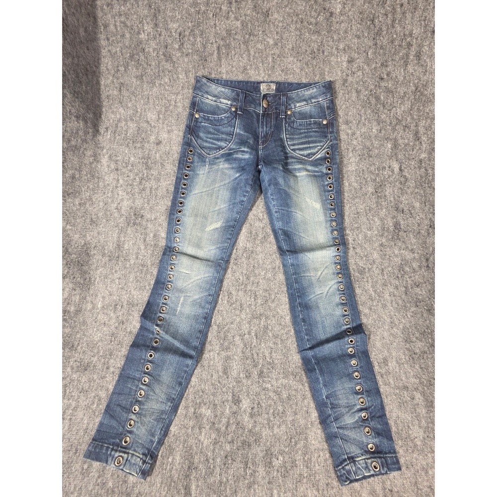 Y2K Rerock for Express Skinny Jeans Womens Low Rise Studded Grommet Leg Blue 00s
